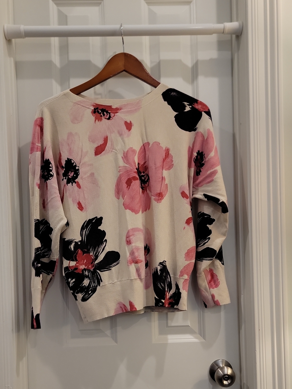 Chico's Floral Crewneck Sweater in Cream, Pink and Black